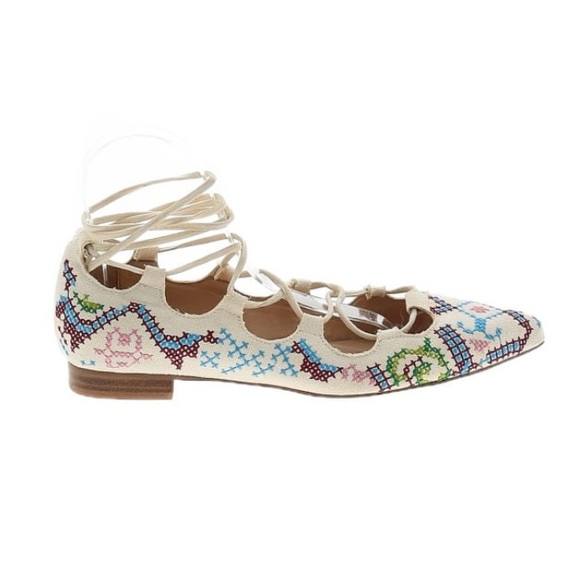 Billy Ella (Anthropologie) Lace Up Embroidered Cross Stitch Canvas Ballet flats - Picture 1 of 7